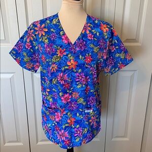 Cherokee Floral Bright Colors V-Neck Scrub Top No Wrinkle Women's X-Small